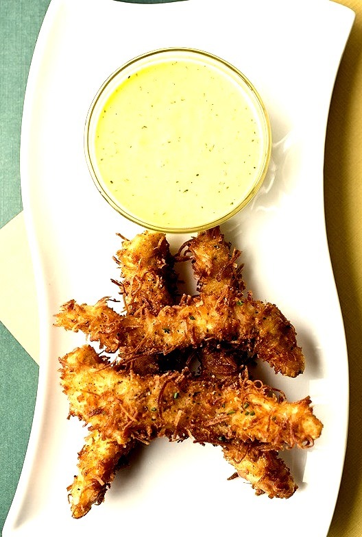 Coconut Crunch Chicken Strips with Creamy Honey-Mango Dipping Sauce