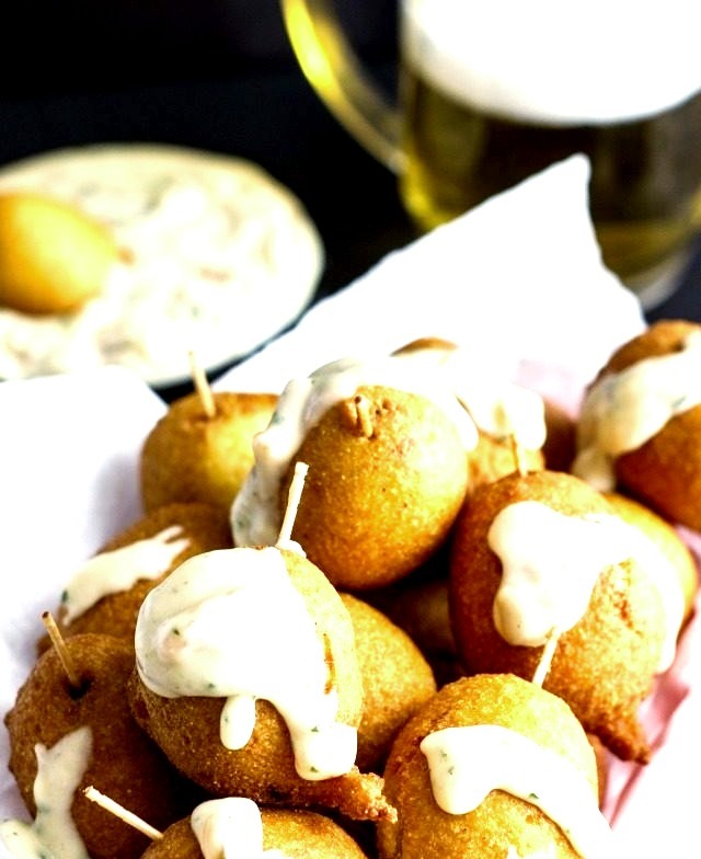 Mini Brat Corn Dogs With Cheddar Beer Sauce