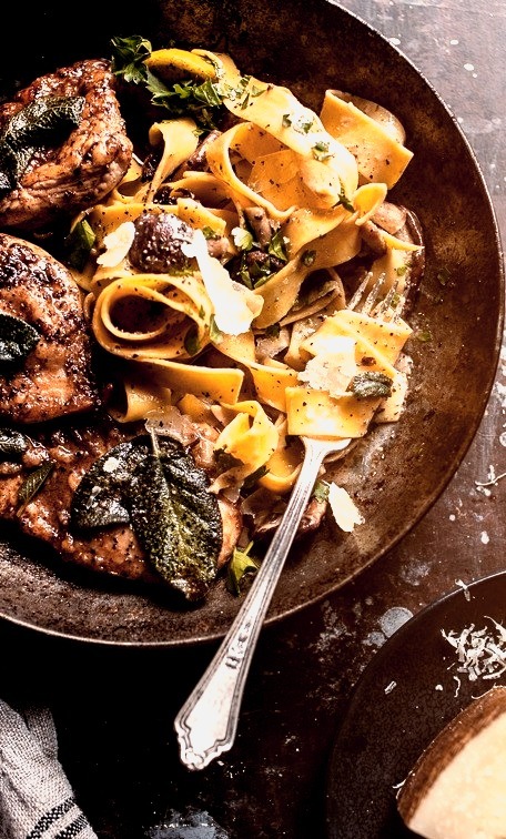 Browned Sage Butter Chicken Piccata with Mushroom Pasta